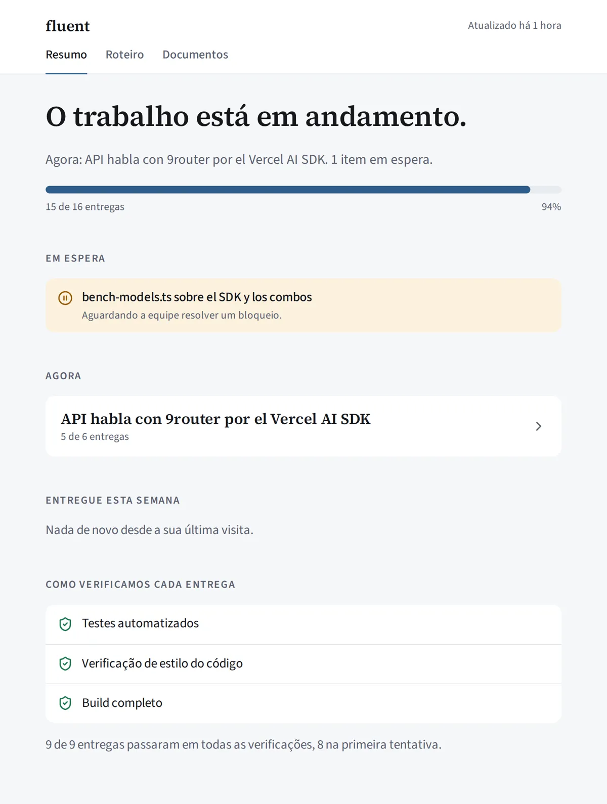 Client page for the fluent project in Orch: a status line, 15 of 16 deliveries, one item on hold with its reason, the current stage, and how each delivery was checked